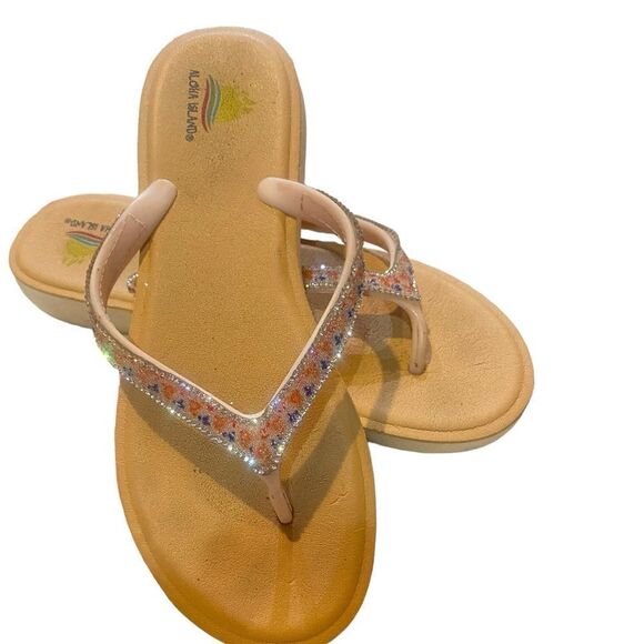 Aloha Island Women 10M Tan/Rhinestones / Flip Flops Medallion at Toe Post - Picture 7 of 9